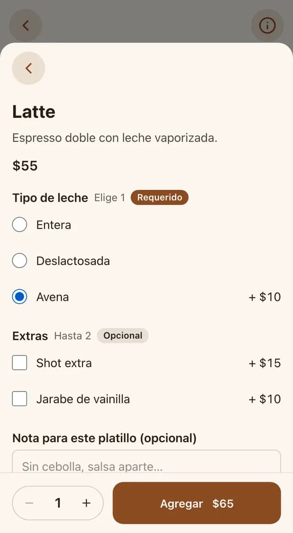 Página de ejemplo del menú de una cafetería: la hoja del Latte con «Tipo de leche» requerido, extras opcionales y el botón Agregar con el total