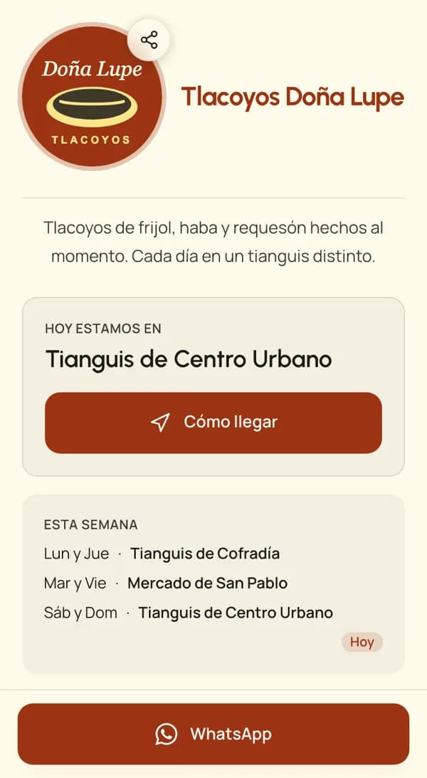Página de ejemplo de un puesto de tlacoyos: «Hoy estamos en Tianguis de Centro Urbano» con el botón Cómo llegar, y la lista Esta semana con un tianguis por día