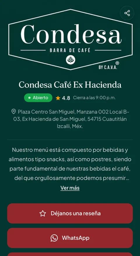 Página de Condesa Café Ex Hacienda en Cetilia