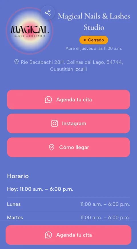 Página de Magical Nails & Lashes Studio en Cetilia